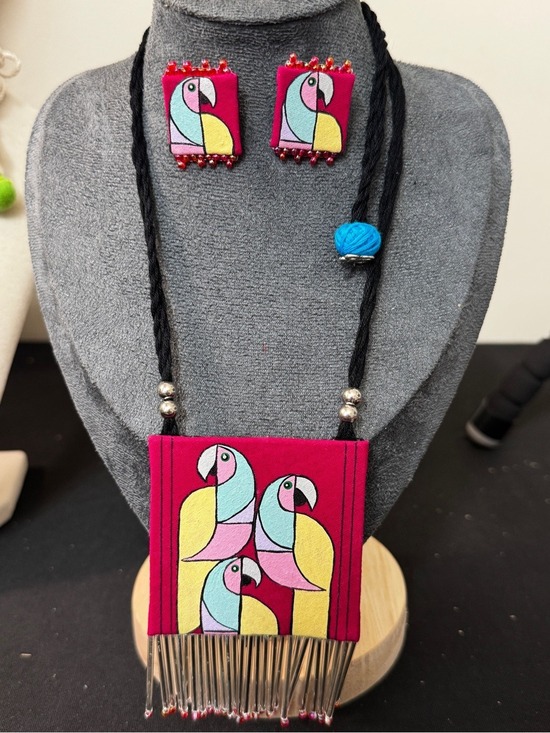 Handbags - Handmade Parrot Print Pink Fabric Pendant Necklace and Earring Set